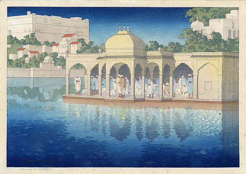 Charles W. Bartlett Prayers at Sunset, Udaipur, India, woodblock print by Charles W. Bartlett, 1919, Honolulu Academy of Arts France oil painting art